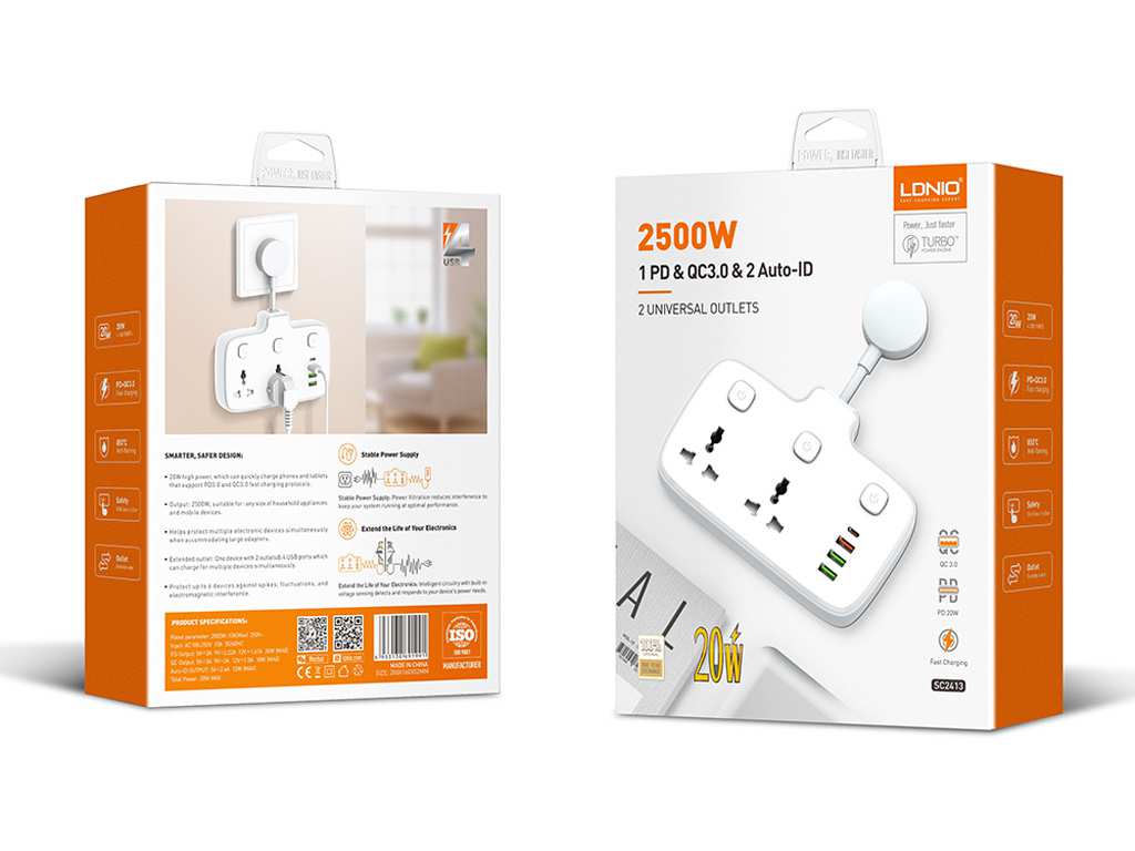 چند راهی برق دو سوکت و چهار پورت شارژ گوشی موبایل الدنیو LDNIO SC2413 Universal Power Strip