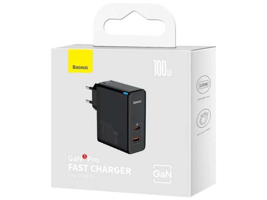 شارژر دیواری سوپر فست شارژ تایپ سی و یو اس بی 100 وات همراه با کابل بیسوس Baseus GaN5 Pro CCGP090201