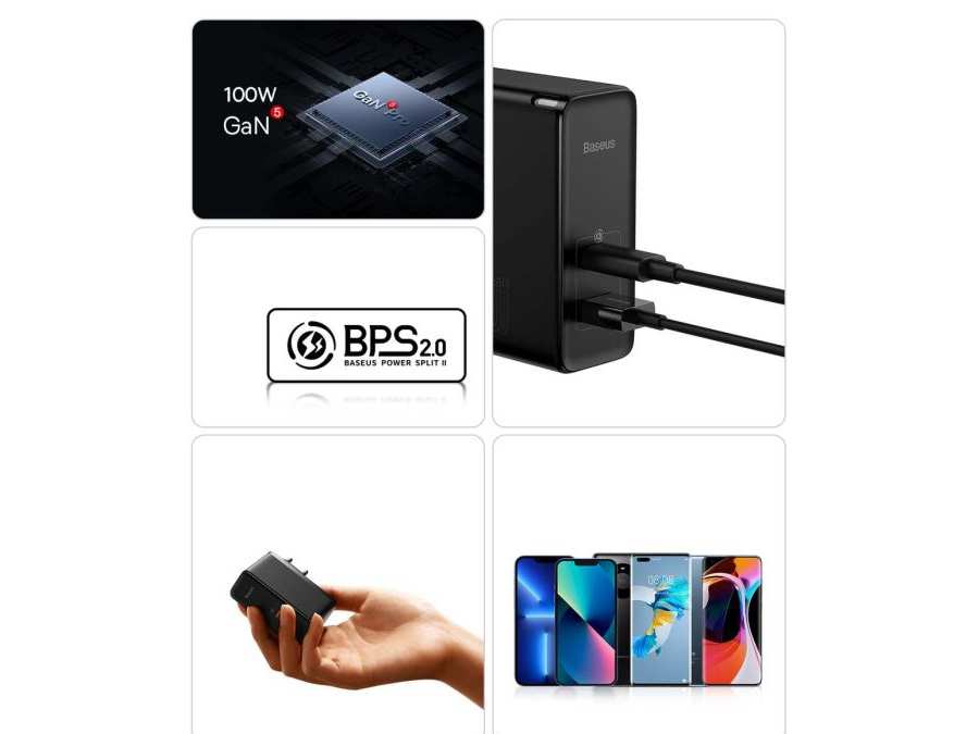 شارژر دیواری سوپر فست شارژ تایپ سی و یو اس بی 100 وات همراه با کابل بیسوس Baseus GaN5 Pro CCGP090201