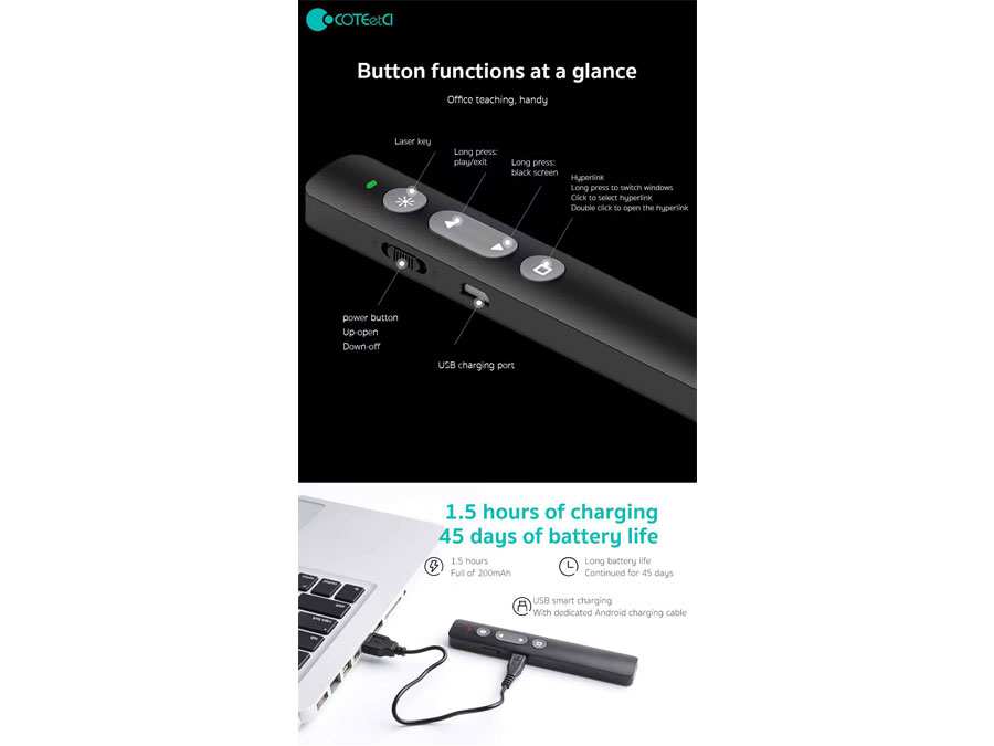 پوینتر و پرزنتر لیزری کوتتسی COTEetCI smart laser page turning pen USB charging port 81001