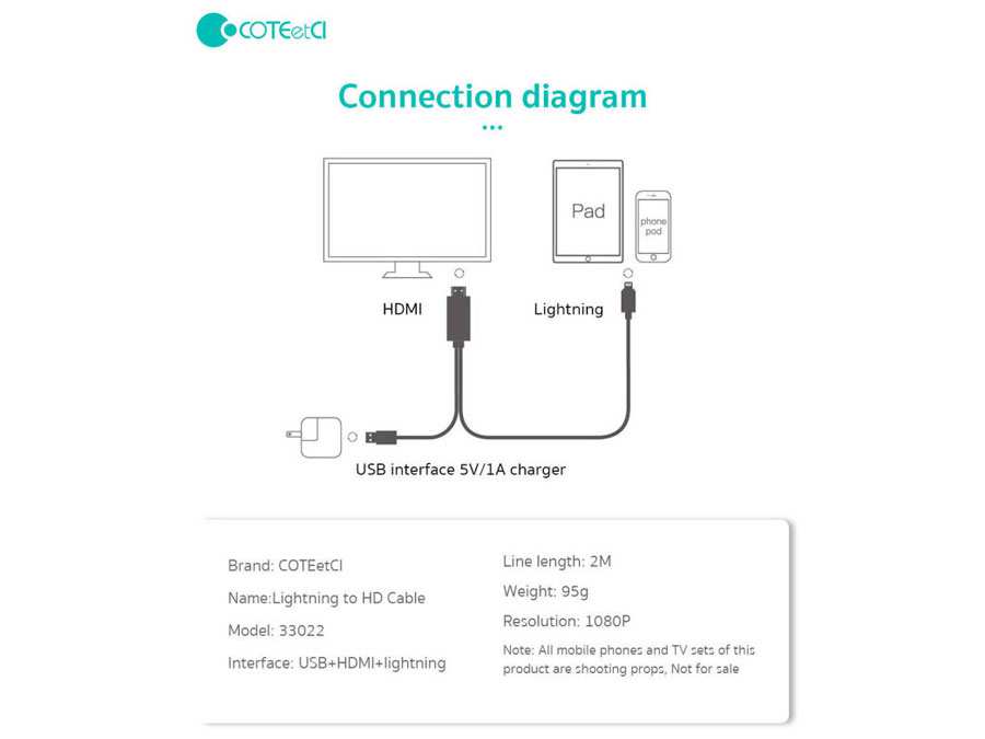 کابل چند سر اچ دی ام آی به لایتنینگ و یو اس بی 2 متری کوتتسی Coteetci HDMI to Lightning USB Cable 33022