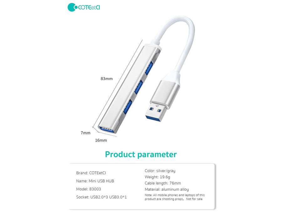 هاب چهار پورت یو اس بی کوتتسی Coteetci 4in1 4 port usb2.0*3 usb3.0*1 HUB 83003-TS