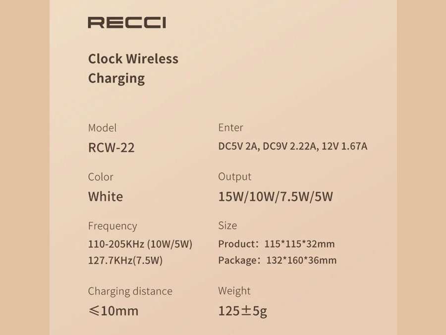 شارژر بی سیم 15 وات و ساعت رومیزی رسی Recci RCW-22 clock wireless fast charging 15W