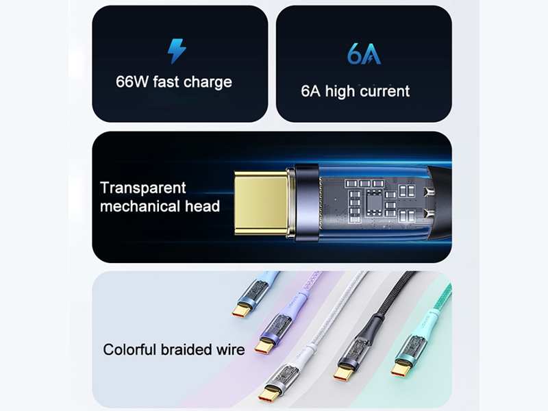 کابل تایپ سی فست شارژ 1.2 متری 66 وات یوسامز USAMS US-SJ572 Type-C Transparent Fast Charging Cata Cable