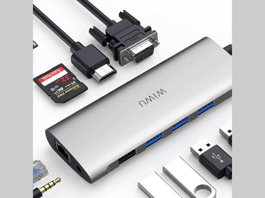 هاب تایپ سی 11 پورت ویوو WiWU Alpha 11 in 1 (HDMI + 4*USB + VGA + RJ45 + SD + 3.5MM) Type C Hub