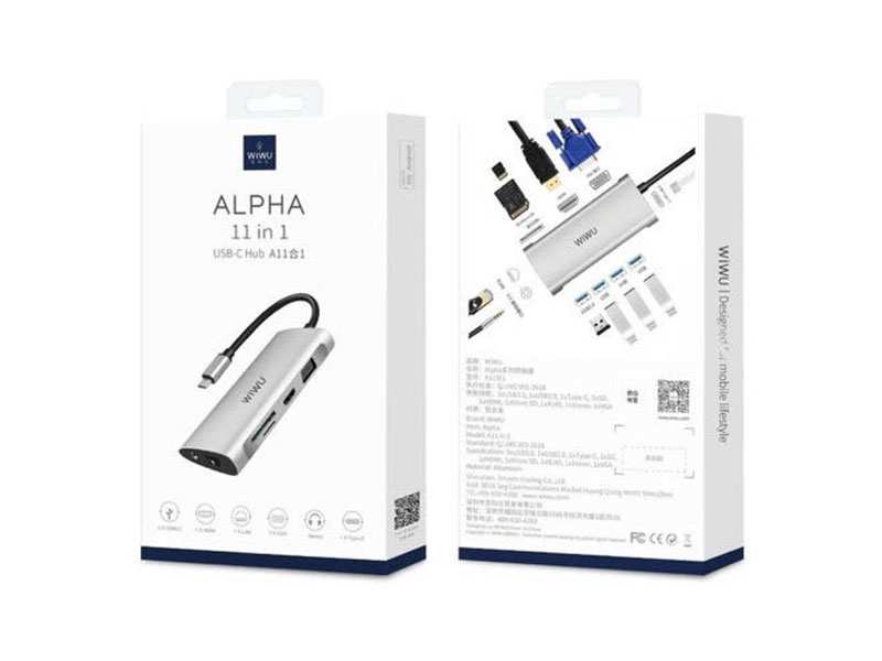 هاب تایپ سی 11 پورت ویوو WiWU Alpha 11 in 1 (HDMI + 4*USB + VGA + RJ45 + SD + 3.5MM) Type C Hub