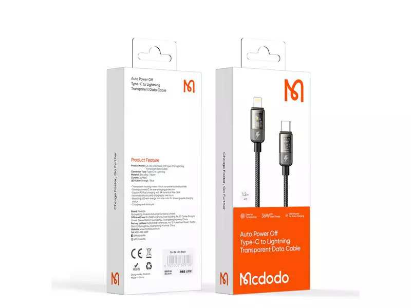 کابل هوشمند تایپ سی به لایتنینگ 36 وات 1.2 متری مک دودو Mcdodo Type-C to Lightning Data Cable CA-316