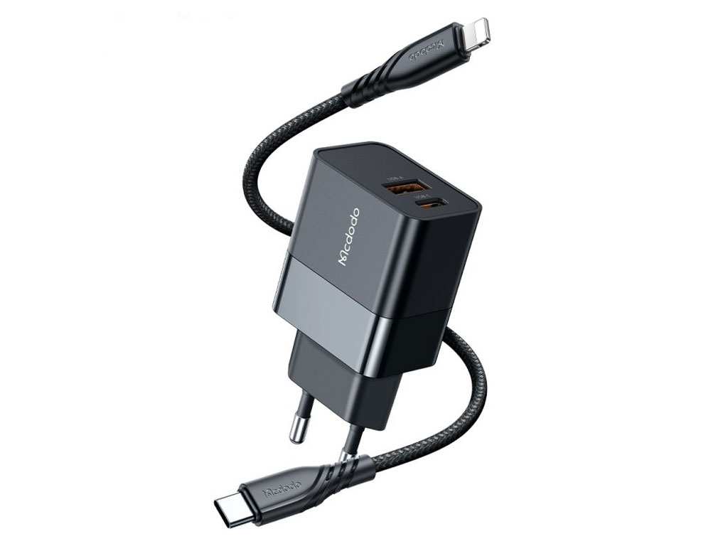 شارژر دیواری 2 پورت 20 وات بههمراه کابل تایپ سی به لایتنینگ مکدودو MCDODO CH-1952 Hydrogen Series 20W Charger + Type-C to Lightning Cable