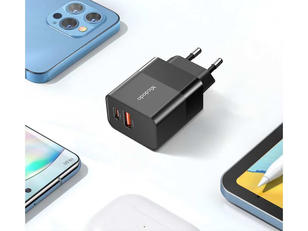 شارژر دیواری 2 پورت 20 وات بههمراه کابل تایپ سی به لایتنینگ مکدودو MCDODO CH-1952 Hydrogen Series 20W Charger + Type-C to Lightning Cable