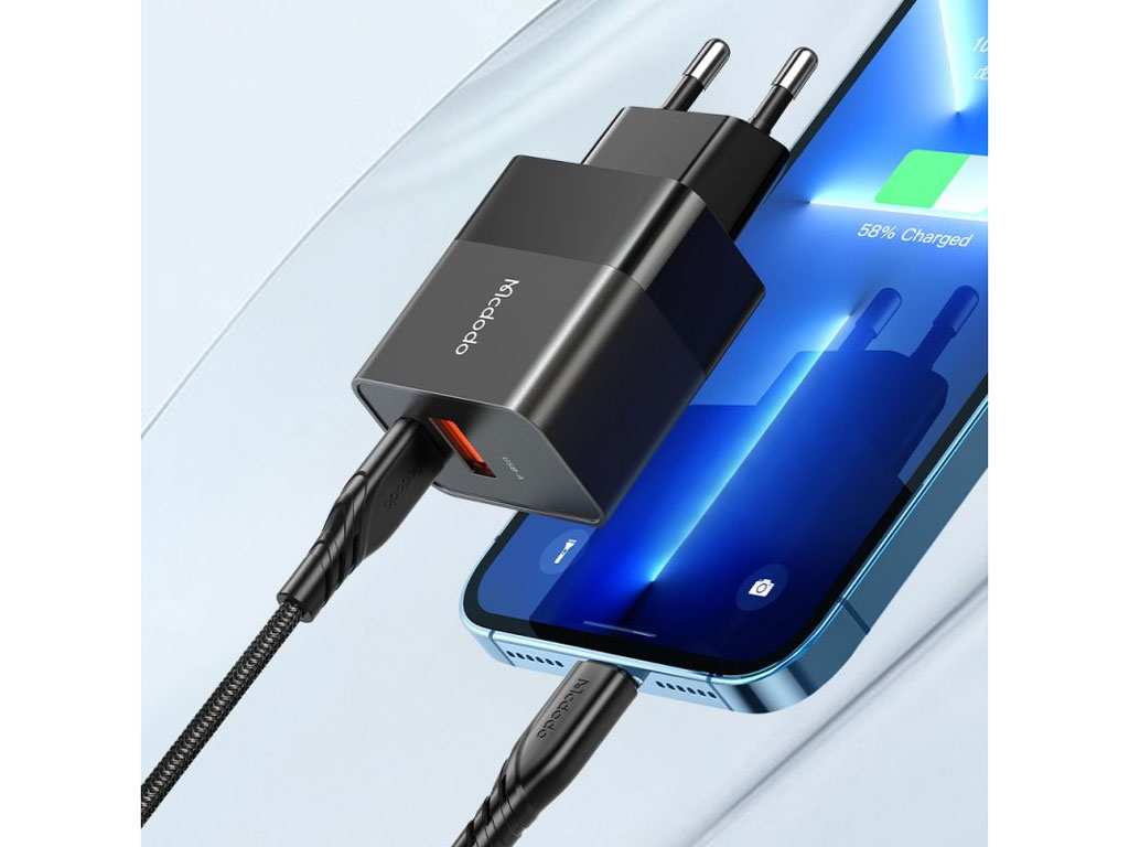 شارژر دیواری 2 پورت 20 وات بههمراه کابل تایپ سی به لایتنینگ مکدودو MCDODO CH-1952 Hydrogen Series 20W Charger + Type-C to Lightning Cable