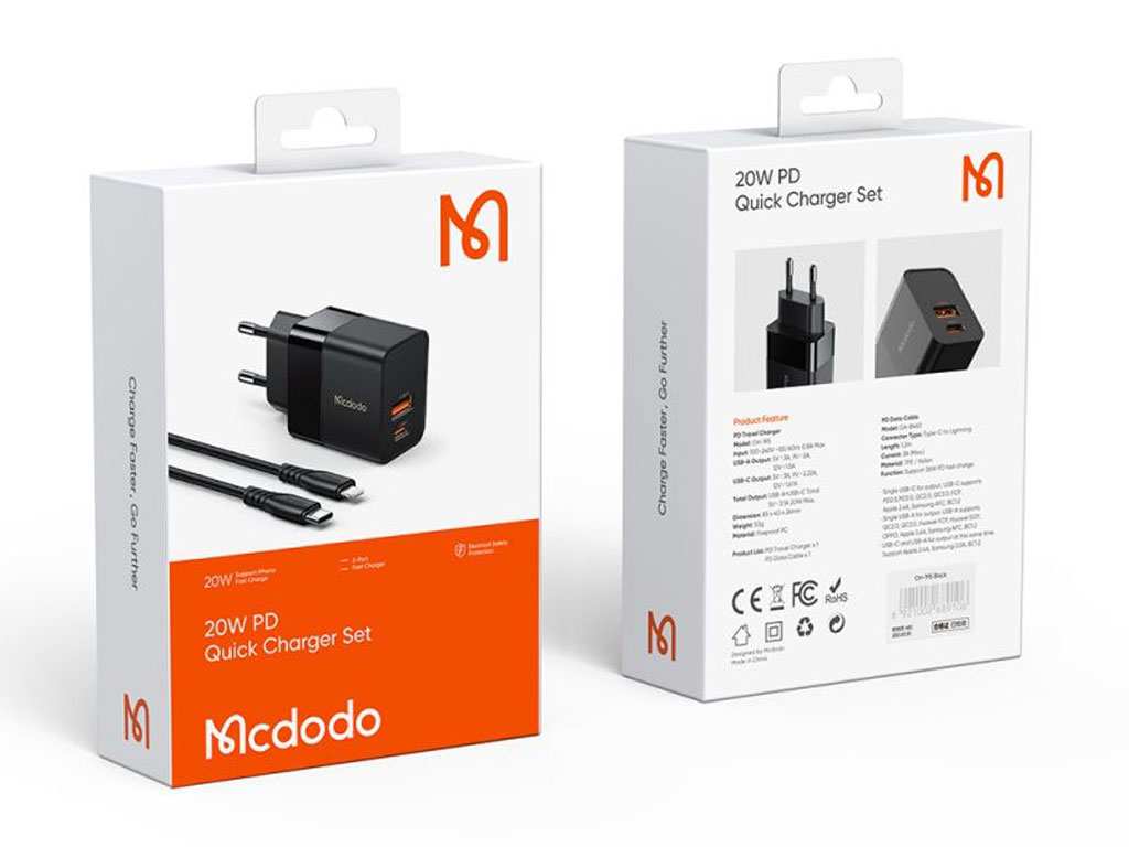 شارژر دیواری 2 پورت 20 وات بههمراه کابل تایپ سی به لایتنینگ مکدودو MCDODO CH-1952 Hydrogen Series 20W Charger + Type-C to Lightning Cable