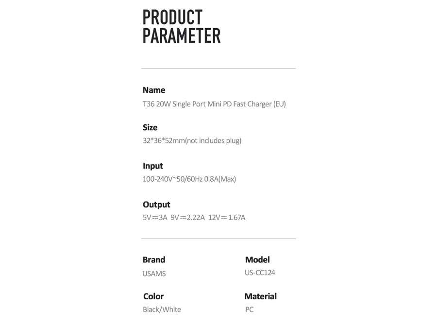 شارژر دیواری تایپ سی 20 وات یوسامز USAMZ 20W Single Port Mini PD Fast Charger (EU) US-CC124 T36