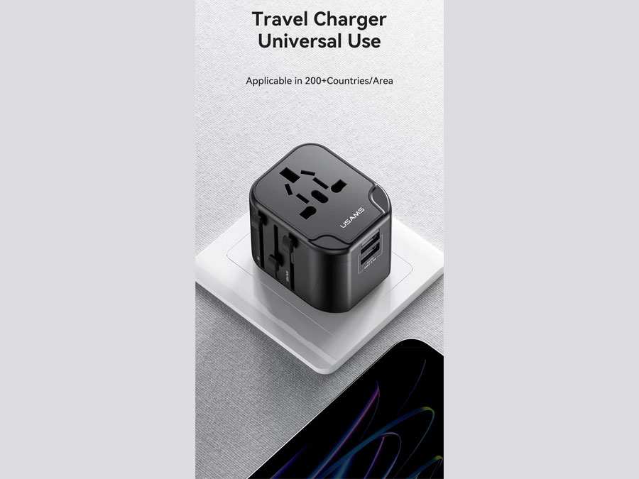 شارژر دیواری دو پورت یو اس بی و یک سوکت برق با دوشاخه های مختلف 12 وات یوسامز USAMS US-CC173 Universal Travel Charger