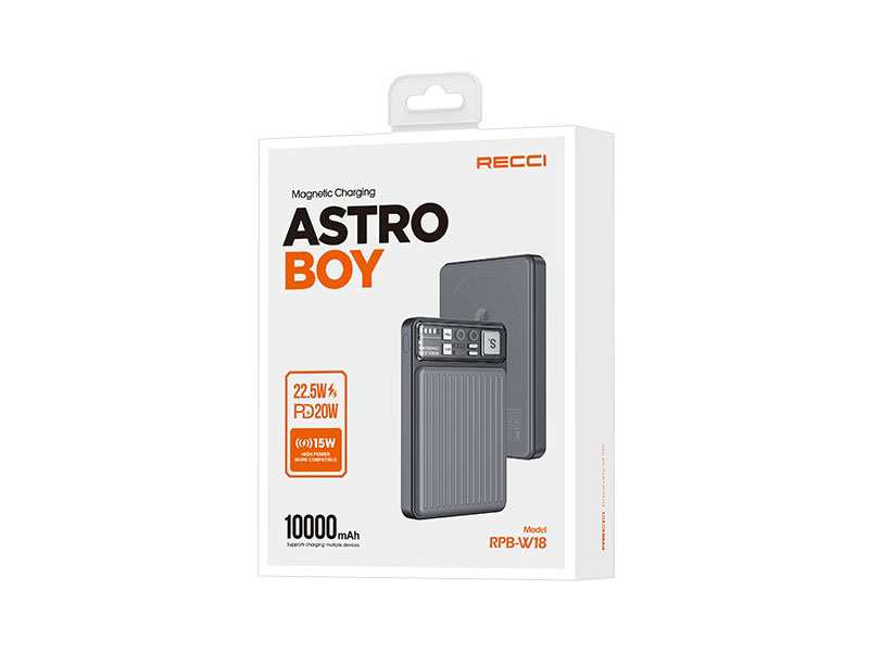 پاوربانک و شارژر بی سیم تایپ سی و یو اس بی 10000 رسی RECCI RPB-W18 10000mAh power bank magnetic charging astro boy