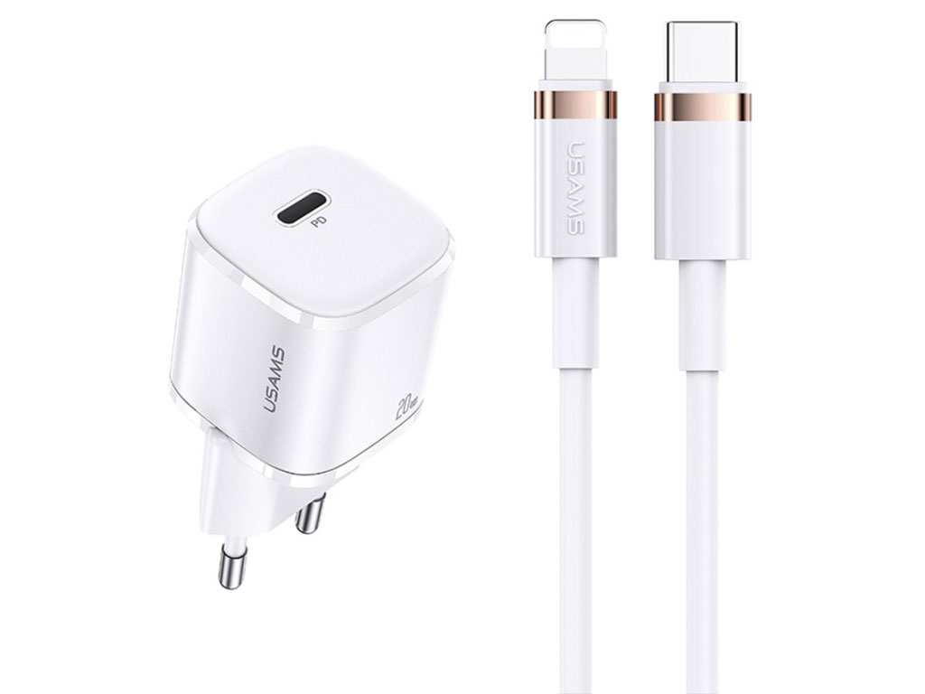 شارژر دیواری تایپ سی 20 وات و کابل شارژ تایپ سی به لایتنینگ یوسامز USAMS Charger + Type C to Lightning Data Cable CC124
