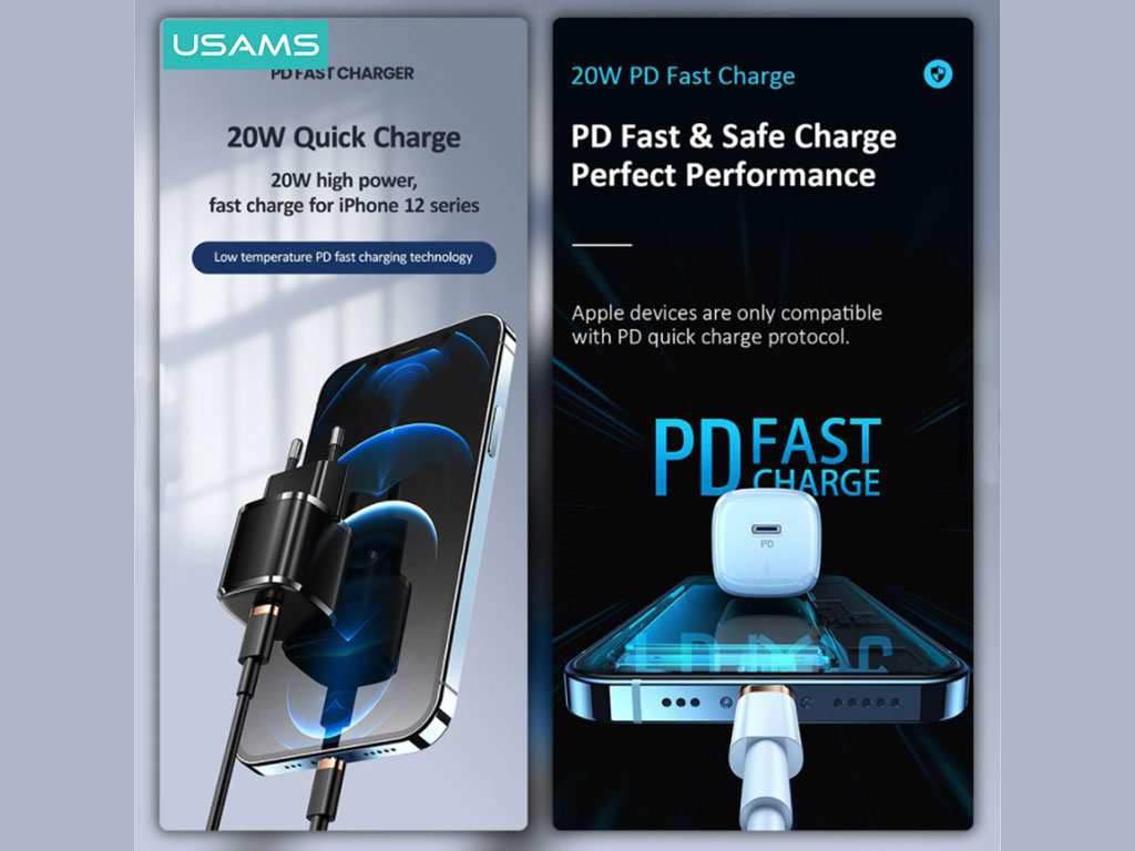 شارژر دیواری تایپ سی 20 وات و کابل شارژ تایپ سی به لایتنینگ یوسامز USAMS Charger + Type C to Lightning Data Cable CC124