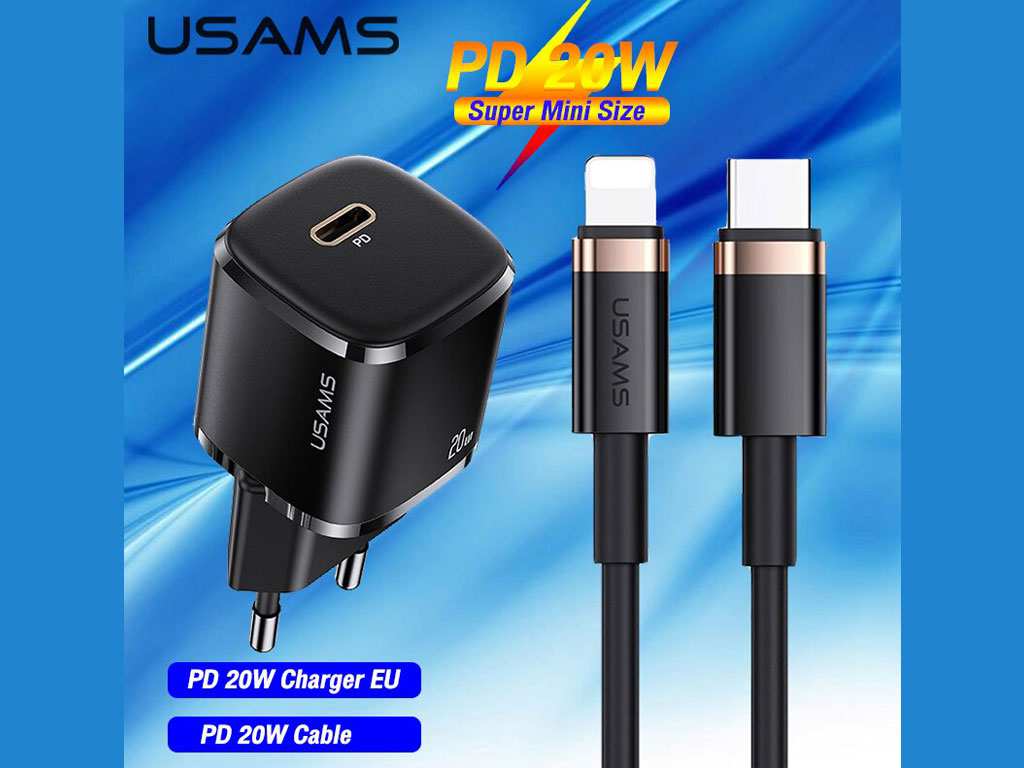شارژر دیواری تایپ سی 20 وات و کابل شارژ تایپ سی به لایتنینگ یوسامز USAMS Charger + Type C to Lightning Data Cable CC124