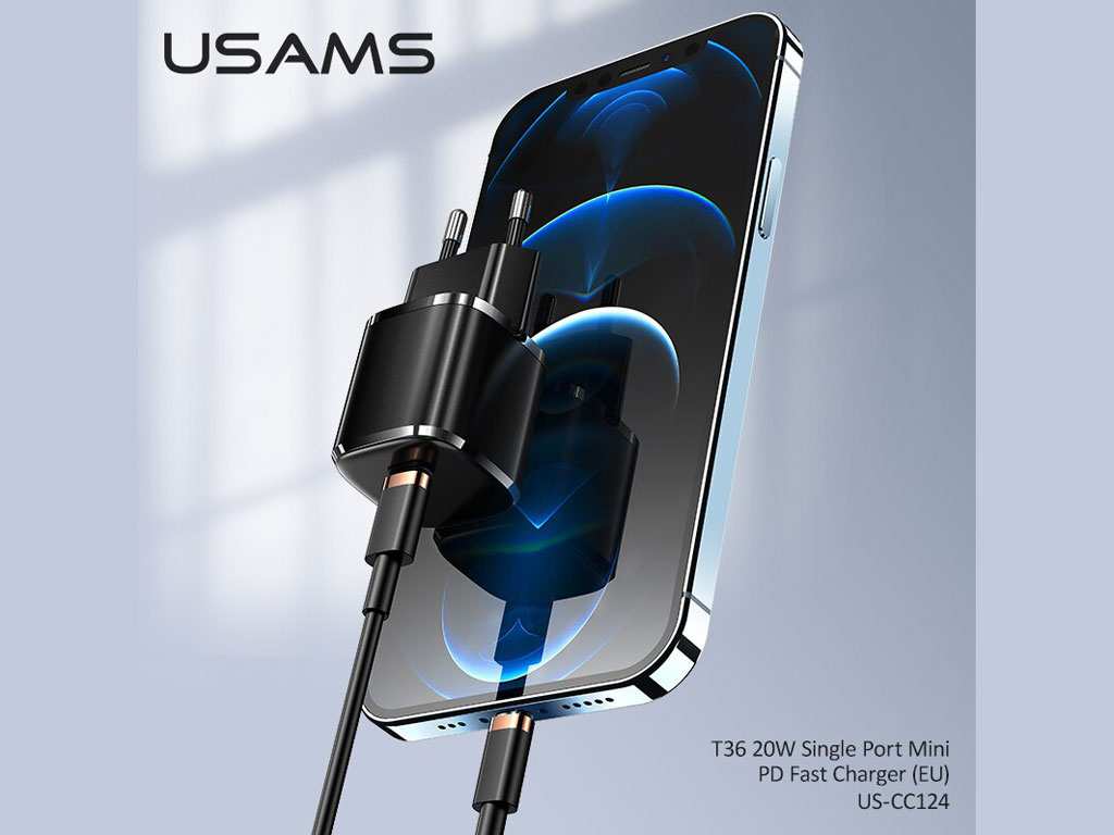 شارژر دیواری تایپ سی 20 وات و کابل شارژ تایپ سی به لایتنینگ یوسامز USAMS Charger + Type C to Lightning Data Cable CC124