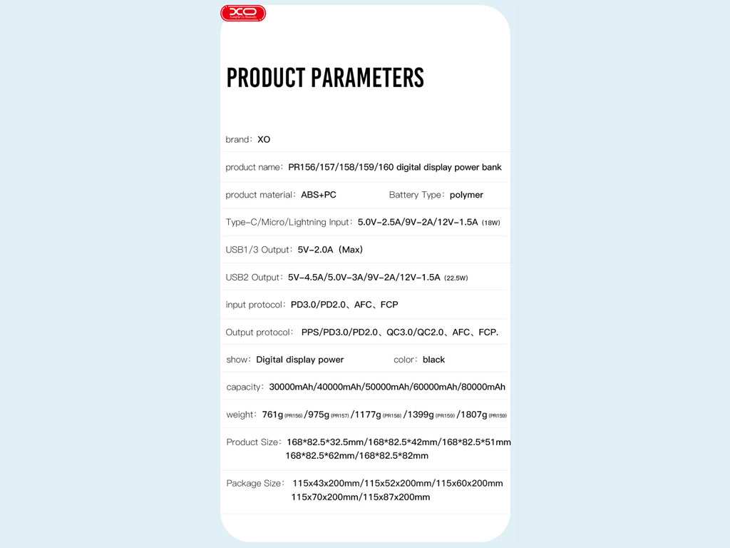 پاوربانک 22.5 وات 50000 ایکس او XO PR158 Power Bank QC 22.5W PD20W