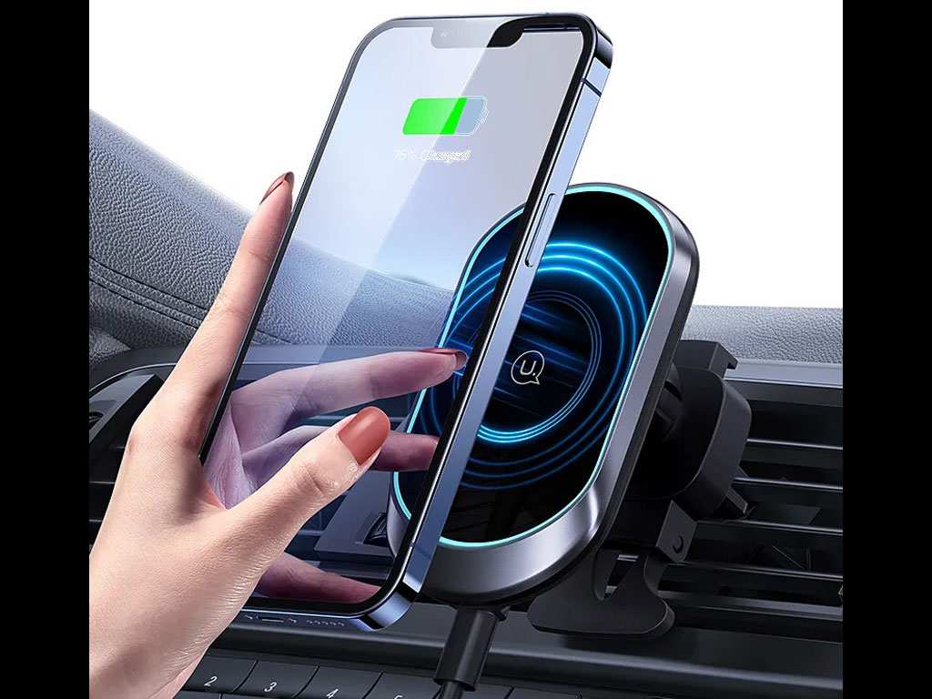 هولدر موبایل مگنتی و شارژر بی سیم داخل خودرو15 وات یوسامز Usams US-CD182 15W Magnetic Car Wireless Charger Phone Holder