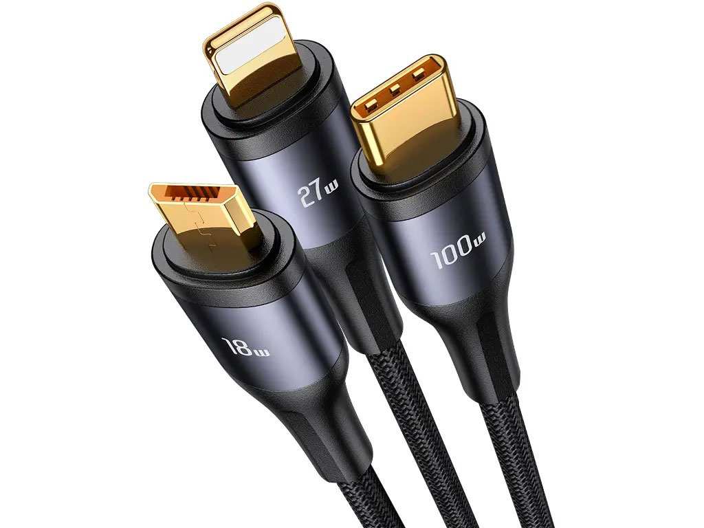 کابل شارژ سه سر تایپ سی به تایپ سی، میکرو و لایتنینگ 100 وات 1.2 متری یوسامز Usams US-SJ600 U83 Fast Charging & Data Cable