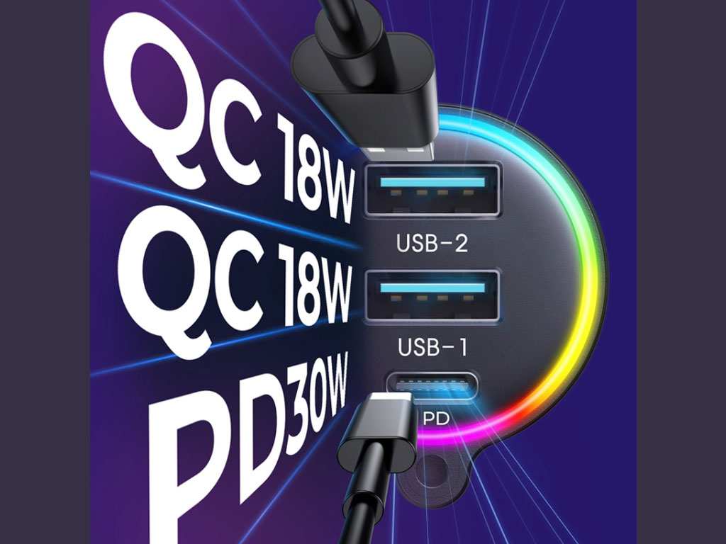 شارژر فندکی فست شارژ ماشین تایپ سی 30 وات و گیرنده بلوتوث خودرو جویروم JR-CL18