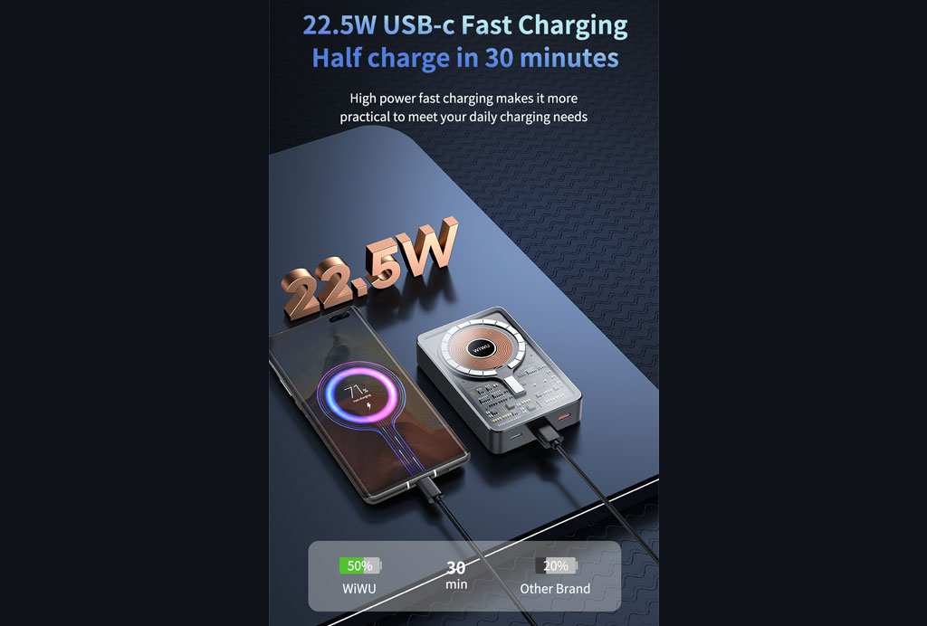 پاوربانک بی سیم شارژ سریع تایپ سی و یو اس بی 22.5 وات 10000 ویوو WiWU JC-21 Magnetic Transparent 10000mAh 22.5w Power Bank