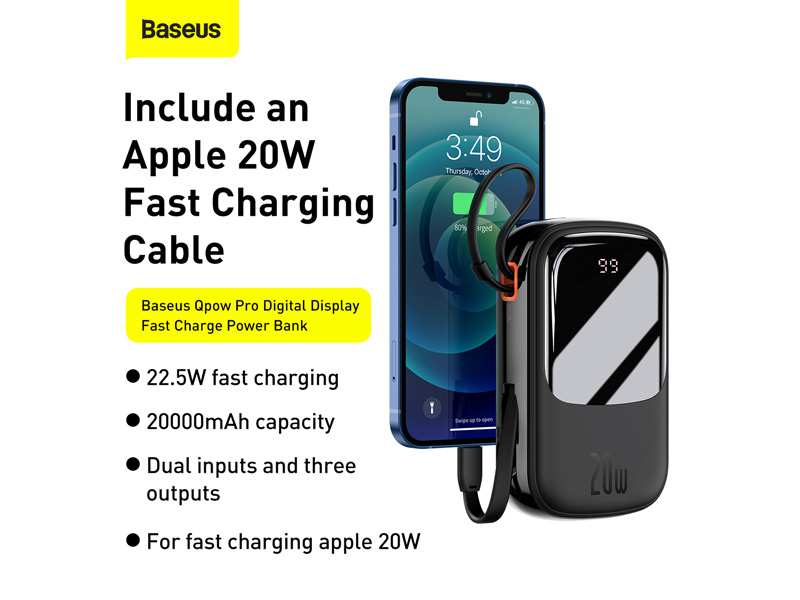 پاوربانک تایپ سی و یو اس بی 20 وات 20000 همراه با کابل لایتنینگ بیسوس BASEUS POWER BANK 20000MAH QPOW PRO PD 20W PPQD060201