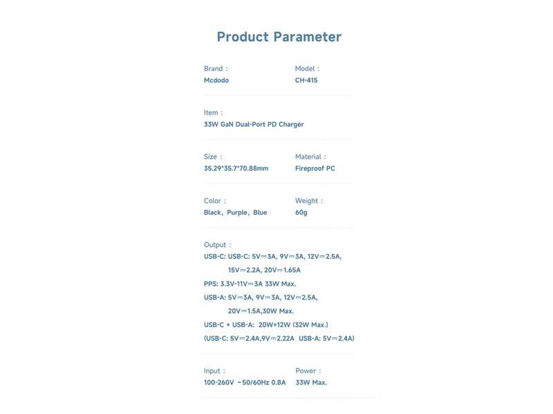 شارژر دیواری تایپ سی و یو اس بی 33 وات مک دودو Mcdodo GaN PD Fast Charging CH-415