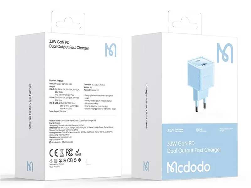 شارژر دیواری تایپ سی و یو اس بی 33 وات مک دودو Mcdodo GaN PD Fast Charging CH-415