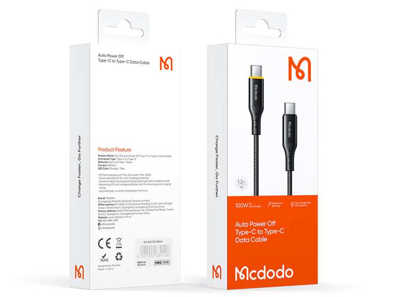 کابل سوپر فست شارژ هوشمند تایپ سی به تایپ سی 100 واتی 1.2متری مک دودو MCDODO Auto Power Off Type-C CA-3460
