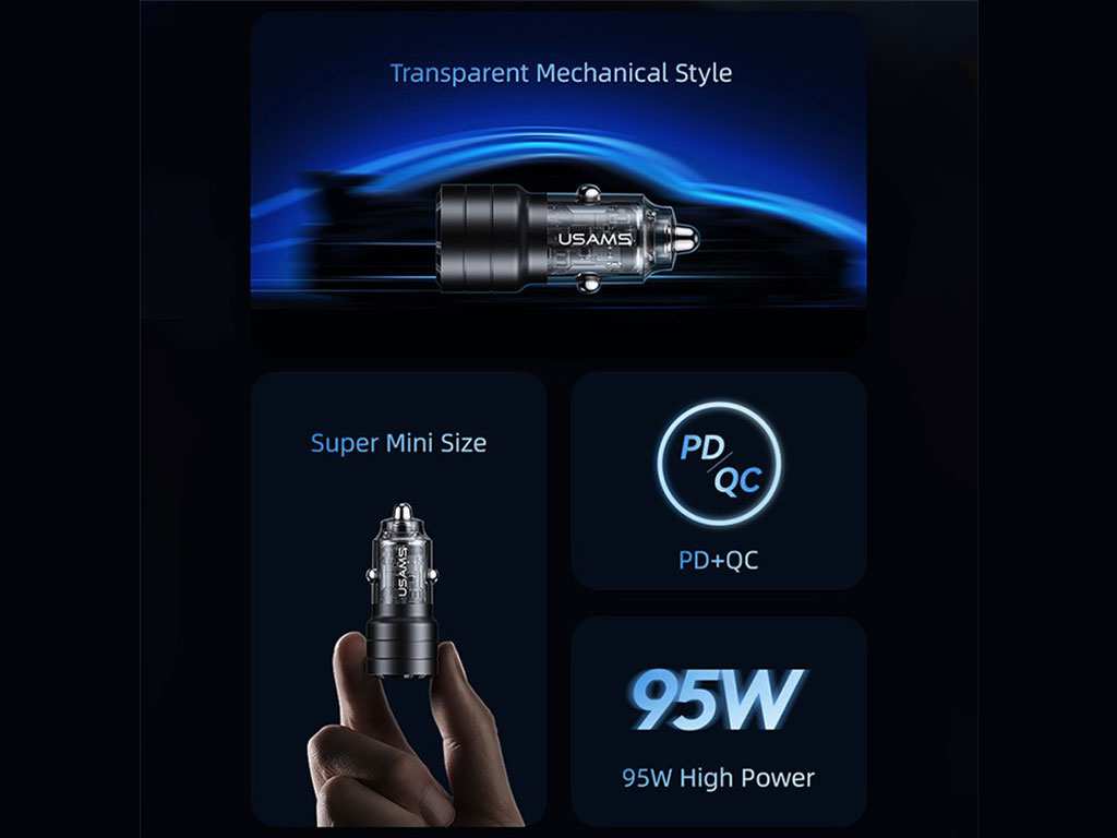 شارژر فندکی فست شارژ ماشین تایپ سی 95 وات یوسامز US-CC176 C36