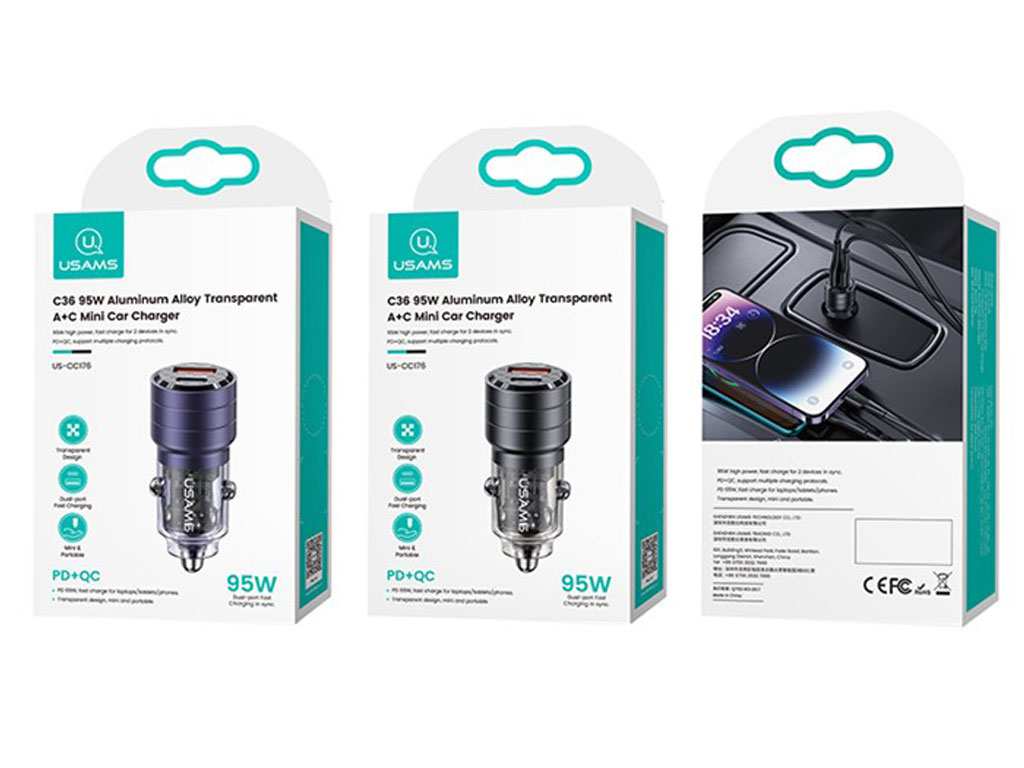شارژر فندکی فست شارژ ماشین تایپ سی 95 وات یوسامز US-CC176 C36