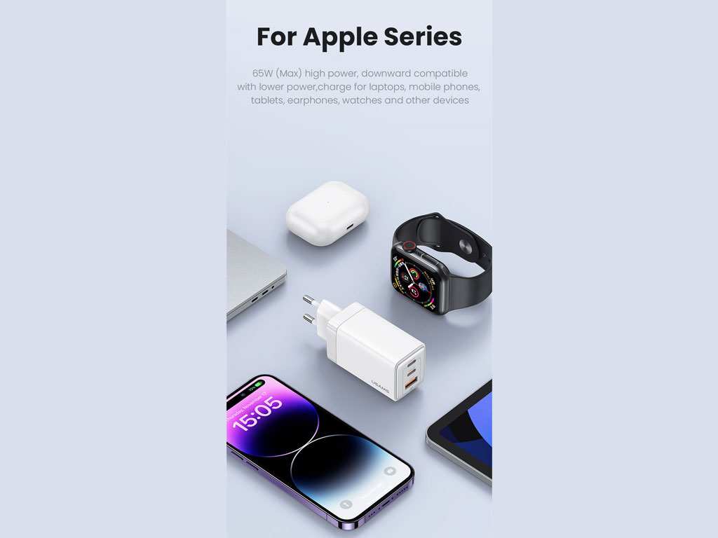 شارژر دیواری فست یو اس بی و تایپ سی 65 وات یوسامز USAMS US-CC180 ACC Three Ports GaN Charger EU Plug