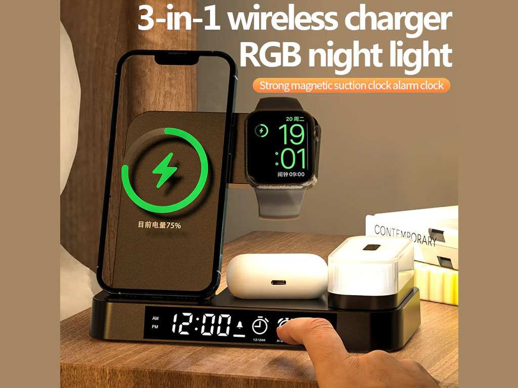 شارژر بی سیم، هولدر موبایل، چراغ خواب و ساعت زنگ‌دار توآکلو Tuocalo 4 in 1 Wireless Charging Station A37