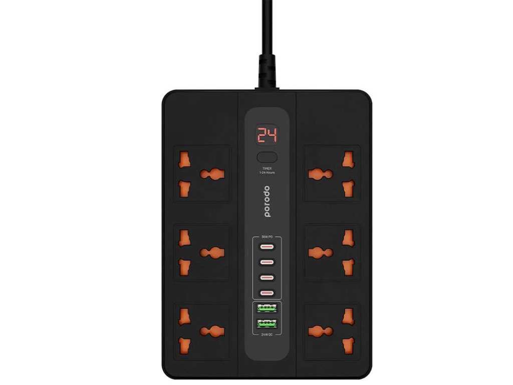 چند راهی برق 6 سوکت 3000 وات، 2 یو اس بی 24 وات و 4 تایپ سی 35 وات 3 متری پورودو Porodo 6AC 2USB-A & 4USB-C PD Multi-Port UK PD-FWCH009-3M-BK