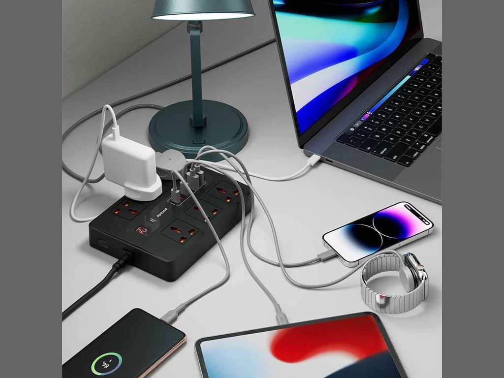 چند راهی برق 6 سوکت 3000 وات، 2 یو اس بی 24 وات و 4 تایپ سی 35 وات 3 متری پورودو Porodo 6AC 2USB-A & 4USB-C PD Multi-Port UK PD-FWCH009-3M-BK