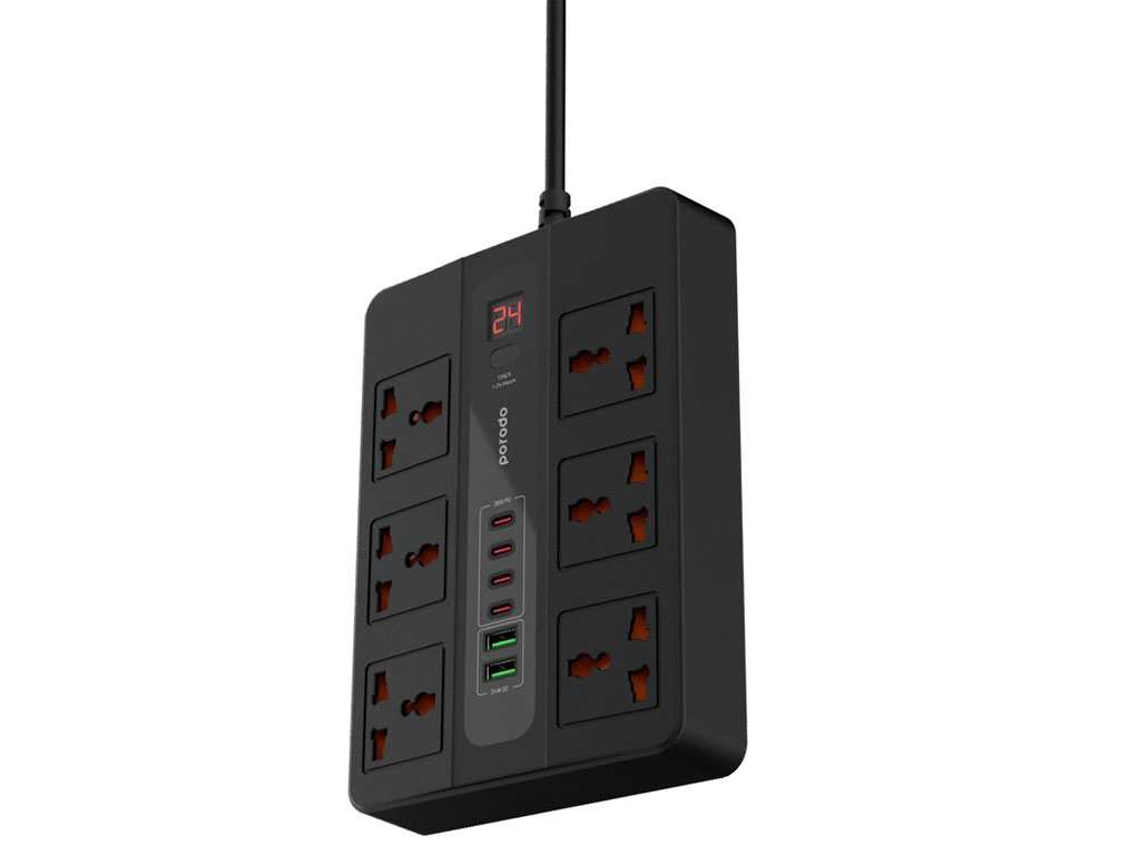 چند راهی برق 6 سوکت 3000 وات، 2 یو اس بی 24 وات و 4 تایپ سی 35 وات 3 متری پورودو Porodo 6AC 2USB-A & 4USB-C PD Multi-Port UK PD-FWCH009-3M-BK