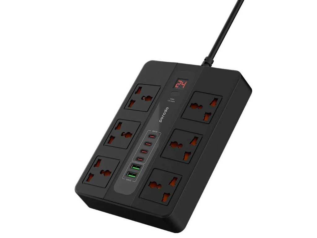 چند راهی برق 6 سوکت 3000 وات، 2 یو اس بی 24 وات و 4 تایپ سی 35 وات 3 متری پورودو Porodo 6AC 2USB-A & 4USB-C PD Multi-Port UK PD-FWCH009-3M-BK