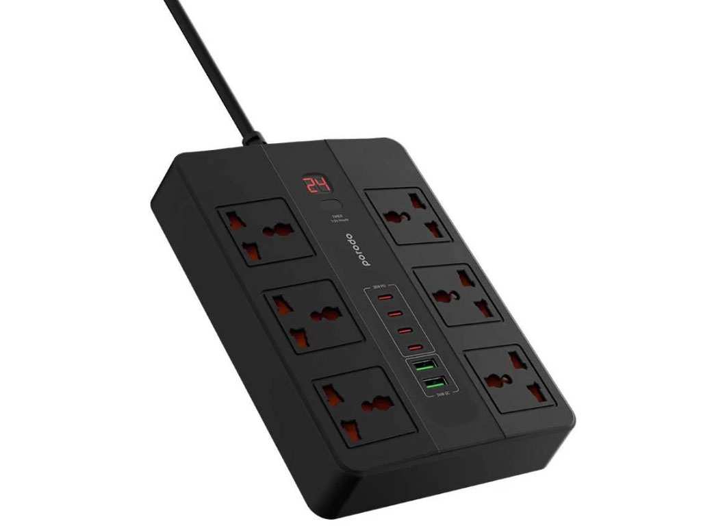 چند راهی برق 6 سوکت 3000 وات، 2 یو اس بی 24 وات و 4 تایپ سی 35 وات 3 متری پورودو Porodo 6AC 2USB-A & 4USB-C PD Multi-Port UK PD-FWCH009-3M-BK