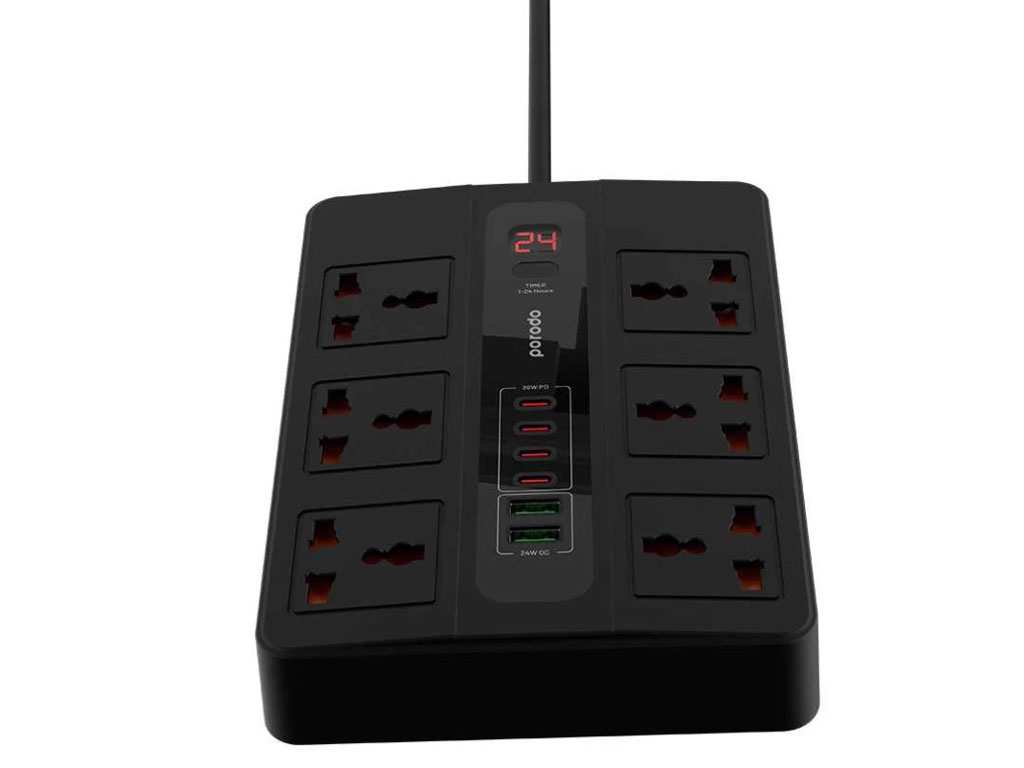 چند راهی برق 6 سوکت 3000 وات، 2 یو اس بی 24 وات و 4 تایپ سی 35 وات 3 متری پورودو Porodo 6AC 2USB-A & 4USB-C PD Multi-Port UK PD-FWCH009-3M-BK