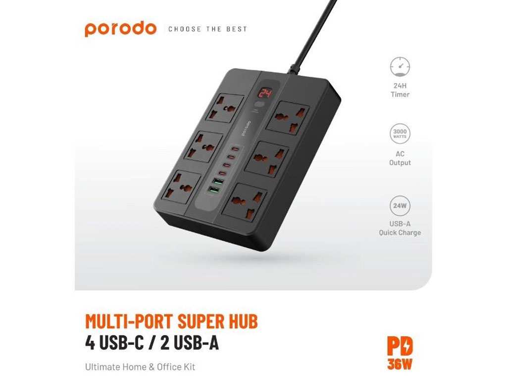 چند راهی برق 6 سوکت 3000 وات، 2 یو اس بی 24 وات و 4 تایپ سی 35 وات 3 متری پورودو Porodo 6AC 2USB-A & 4USB-C PD Multi-Port UK PD-FWCH009-3M-BK