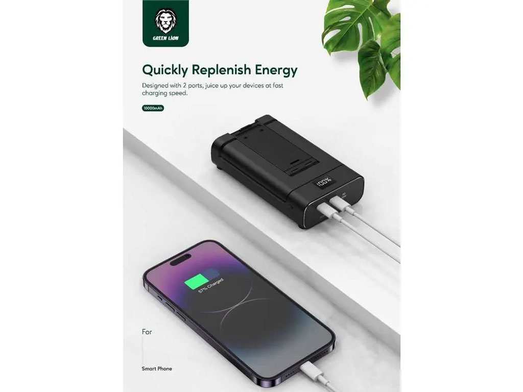 پاوربانک تایپ سی 20 وات 10000 و هولدر موبایل رومیزی گرین Green Lion 10000mAh Power Bank and Foldable Mobile Stand GNFLDPBSTBK