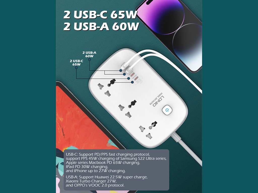 چند راهی و تبدیل برق سه سوکت، دو یو اس بی و دو تایپ سی 3250 وات الدنیو SC3416