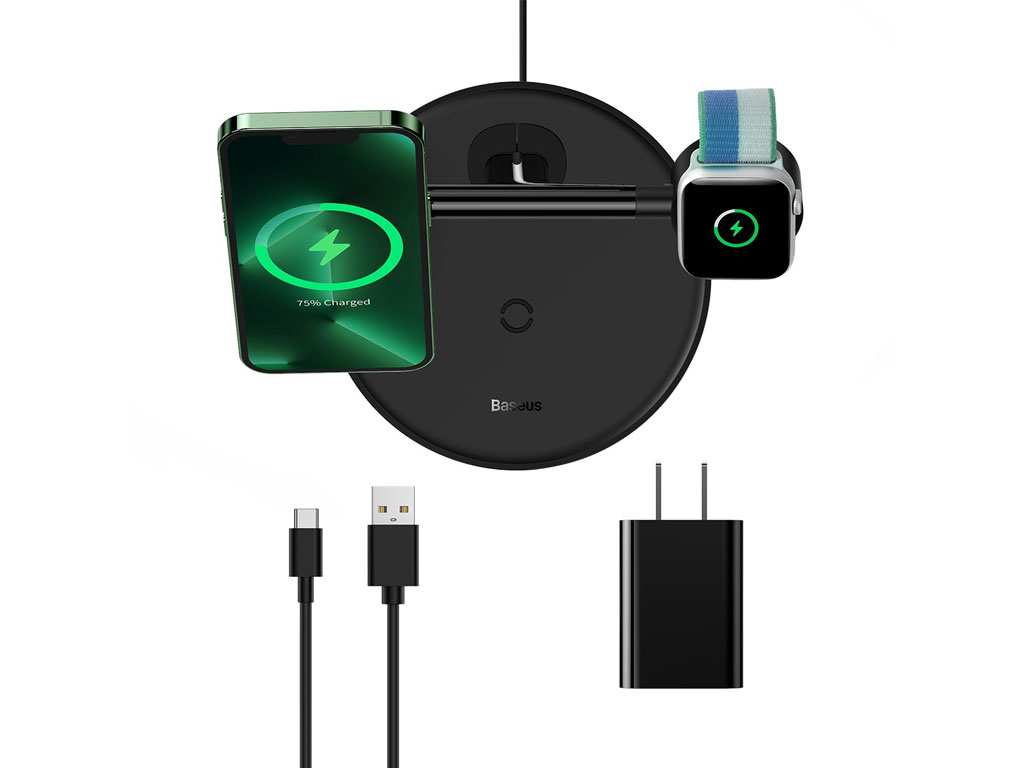 شارژر بی سیم مگنتی رومیزی آیفون 20 وات و پایه نگهدارنده موبایل 3 در 1 بیسوس Baseus Swan 3-in-1 Wireless Magnetic Charging Bracket 20W WXTE000001