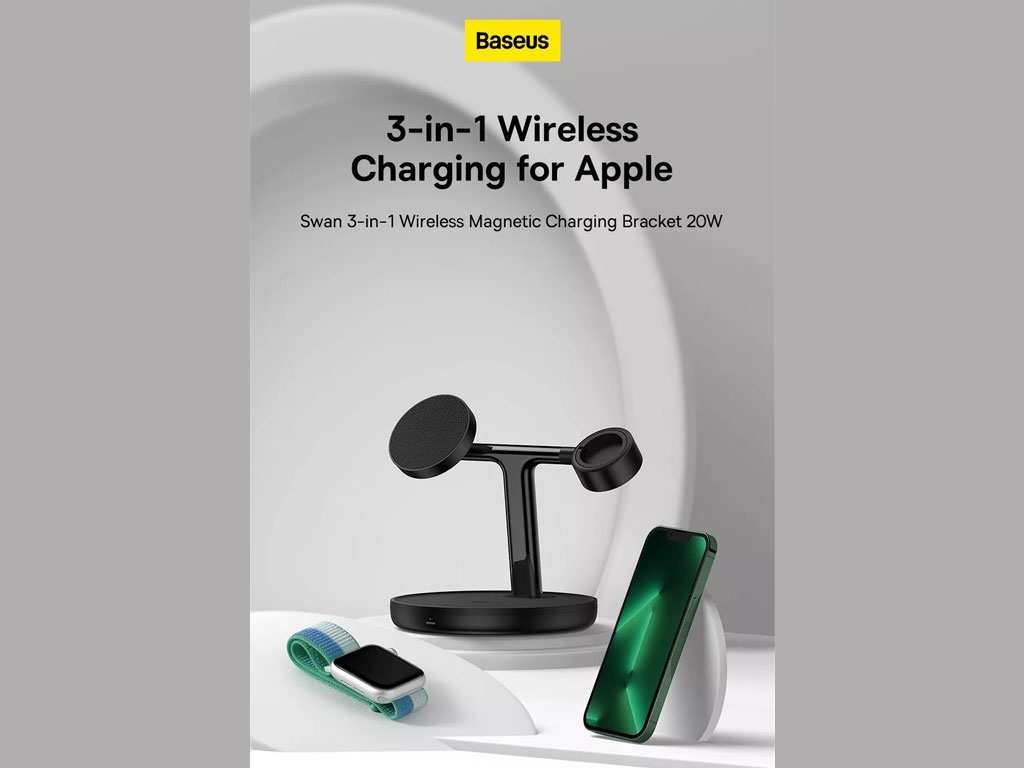 شارژر بی سیم مگنتی رومیزی آیفون 20 وات و پایه نگهدارنده موبایل 3 در 1 بیسوس Baseus Swan 3-in-1 Wireless Magnetic Charging Bracket 20W WXTE000001