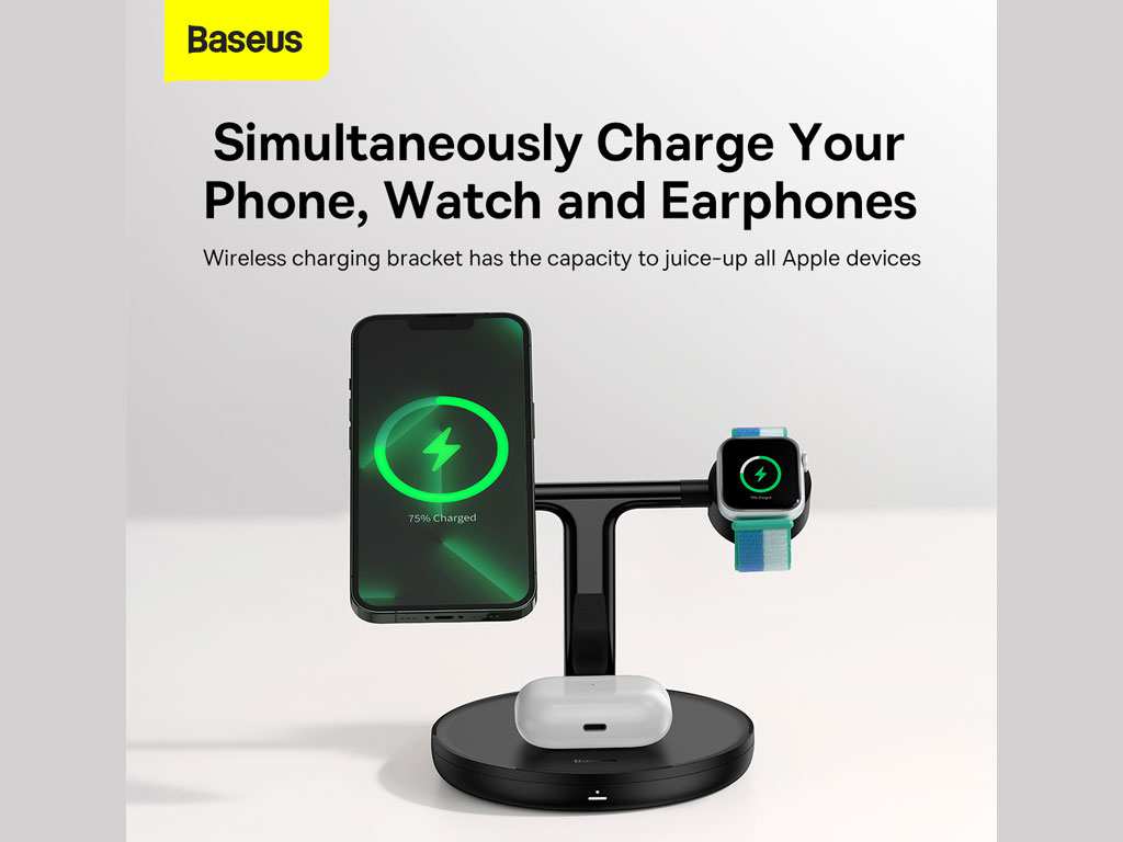 شارژر بی سیم مگنتی رومیزی آیفون 20 وات و پایه نگهدارنده موبایل 3 در 1 بیسوس Baseus Swan 3-in-1 Wireless Magnetic Charging Bracket 20W WXTE000001