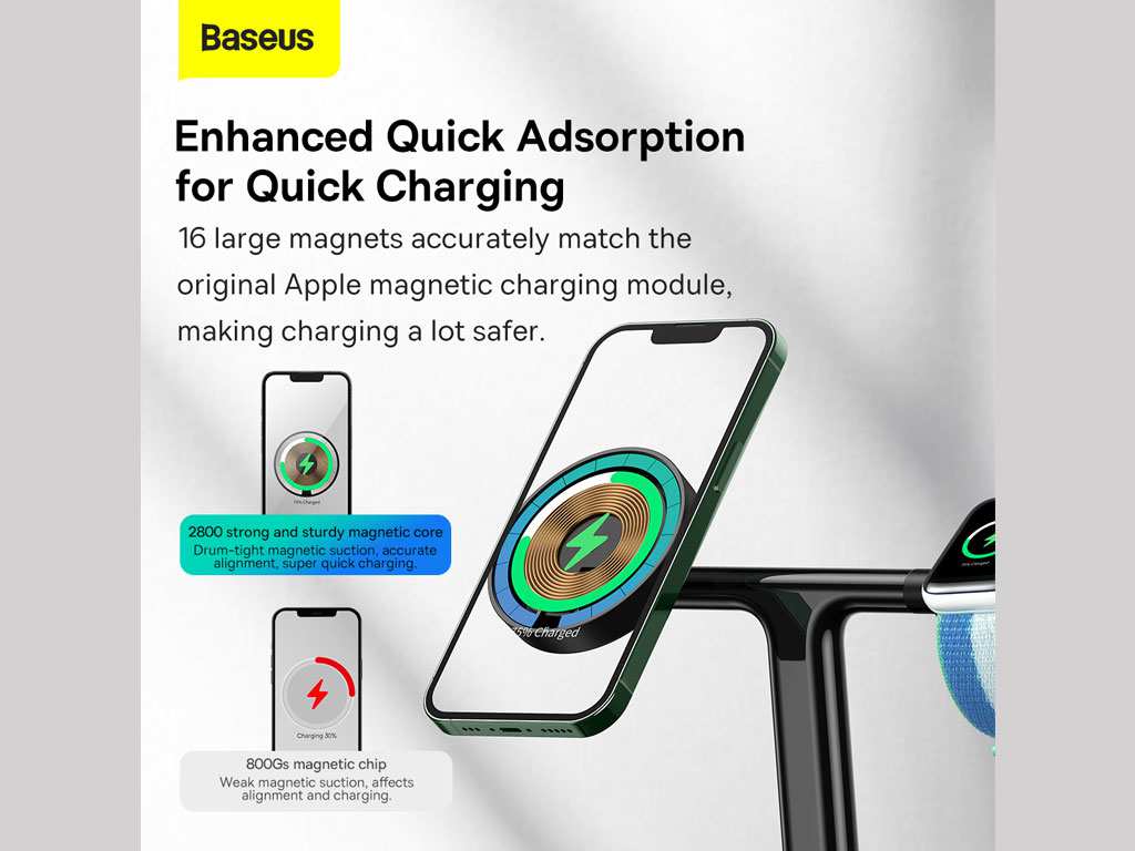 شارژر بی سیم مگنتی رومیزی آیفون 20 وات و پایه نگهدارنده موبایل 3 در 1 بیسوس Baseus Swan 3-in-1 Wireless Magnetic Charging Bracket 20W WXTE000001