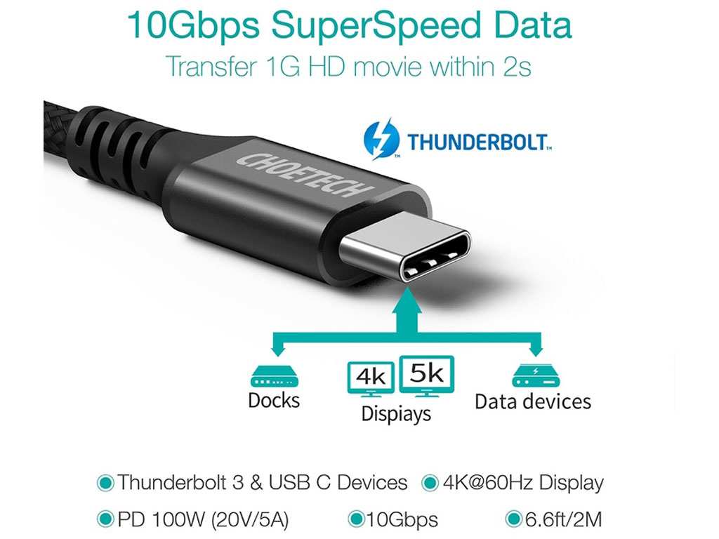 کابل تاندربولت سوپر فست شارژ تایپ سی به تایپ سی 100 وات 2 متری چویتک CHOETECH XCC-1007 Type-C Braided Fast Charging Cable