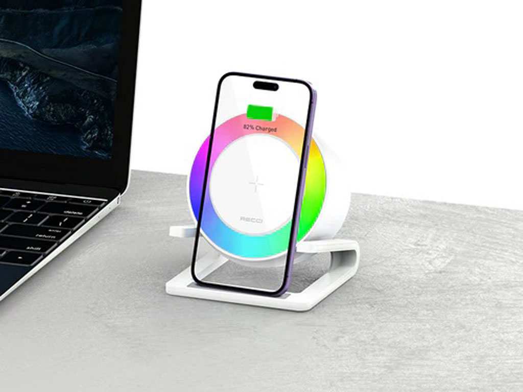 شارژر بی سیم 15 واتی و اسپیکر بلوتوثی رومیزی 4کاره رسی RECCI RSK-W28 15W Wireless Charger with Speaker